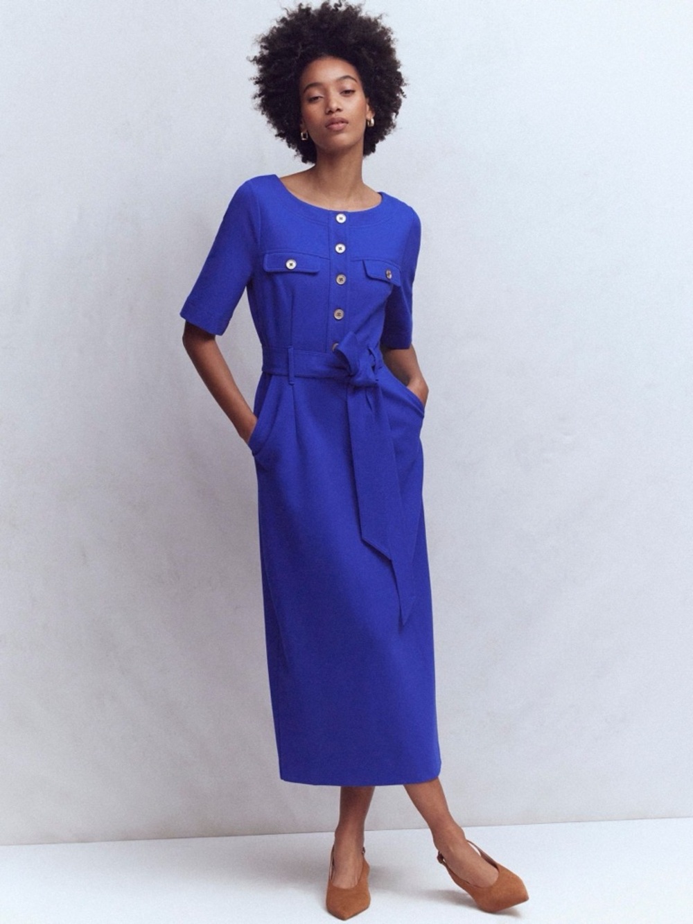 Boden Bria Ponte Shift Dress Royal Blue Belted Midi Size US 14 NWT